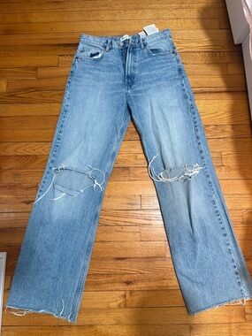 Zara Light Blue Wide-Leg Distressed Jeans